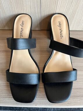 easy street Black Double-Strap Square-Toe Slide Mules